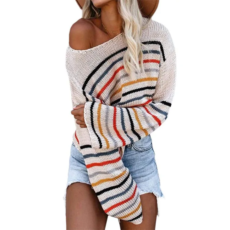 

2021 autumn colorful striped sweater women's fashion women's one-way neck strapless sweater
