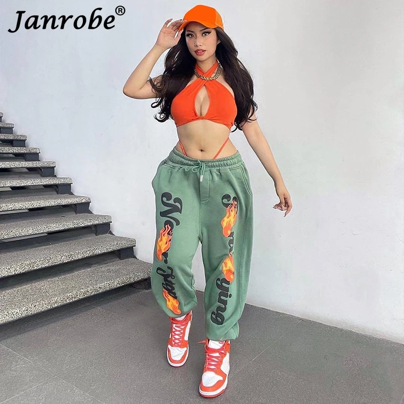 

Janrobe Flame Printed Green Sports Pants for Women 2021 Autumn Loose Jogging Trouser Female Drawstring y2k Pant Joggers Clothing