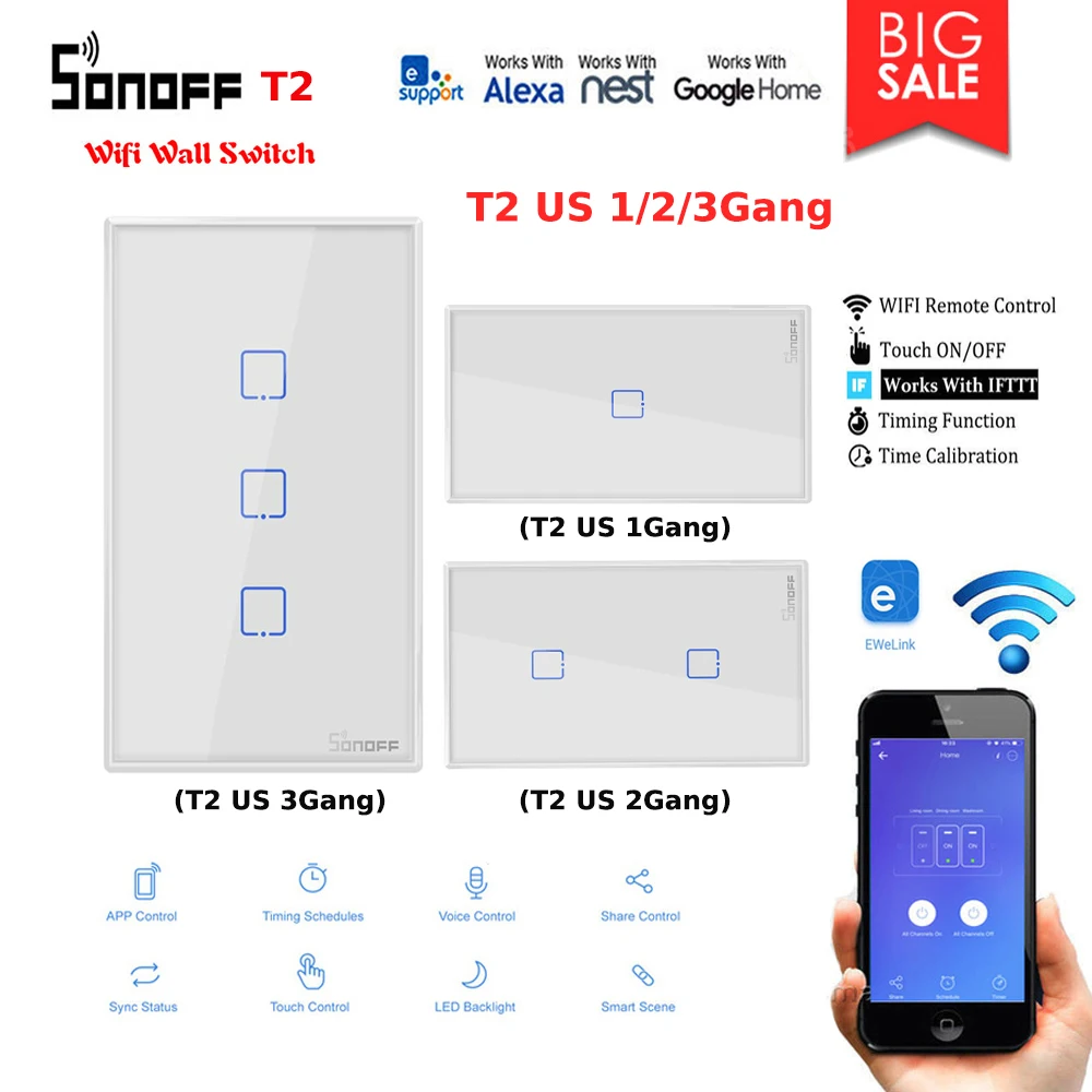 Интеллектуальный выключатель света Sonoff T2 Smart Wifi светильник настенный выключатель, цвет Шампань 1/2/3 US вилка Wi-Fi/сенсорный экран/433 MHZ управление Ewelink для работы Alexa/Google Home