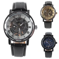 classic mens faux leather skeleton hand wind mechanical sports army wrist watch stainless steel watch case high quality watches