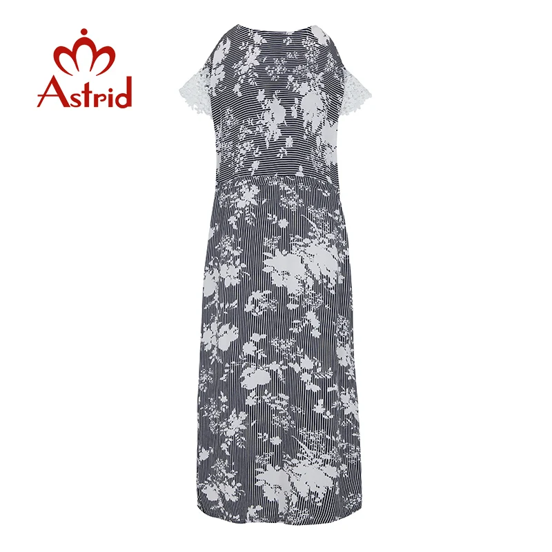 Женское Хлопковое платье в полоску с цветочным принтом и круглым вырезом|Женские