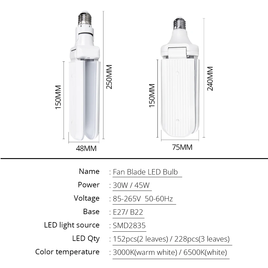 

E27 LED bulb fan bulb E27 B22 foldable fan blade angle adjustable ceiling diode bulb 30W 45W powerful LED bulb home