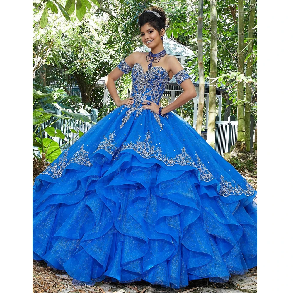 

Royal Blue Ruffles Quinceanera Dress 2021 Sweetheart Appliques Sequins Princess Sweet 16 Ball Gown Vestidos De 15 Años