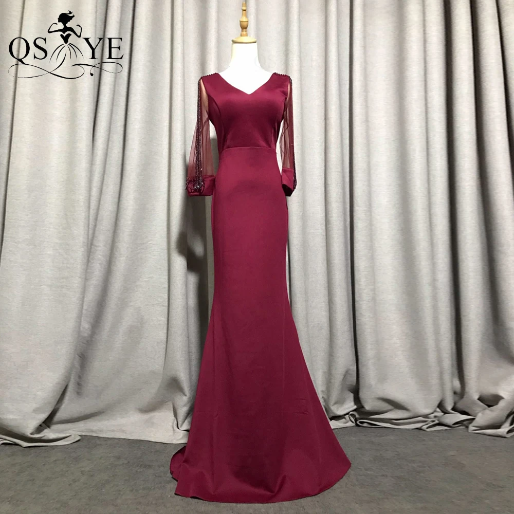 

Bead Long Sleeves Burgundy Evening Dress Stretch Mermaid Prom Gown Sexy V Neck Crystals Stone Formal Party Red Long Women Dress