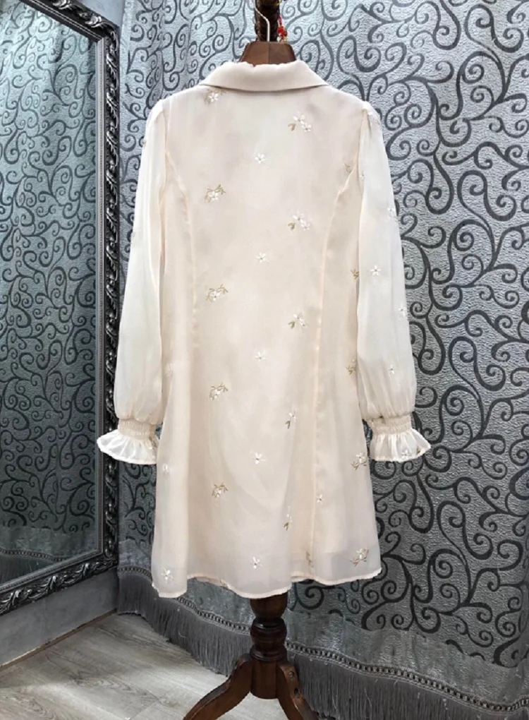 

2020 Autumn Winter Long Shirt Dress High Quality Women Turn-down Collar Little Floral Embroidery Long Sleeve Casual Work Dress