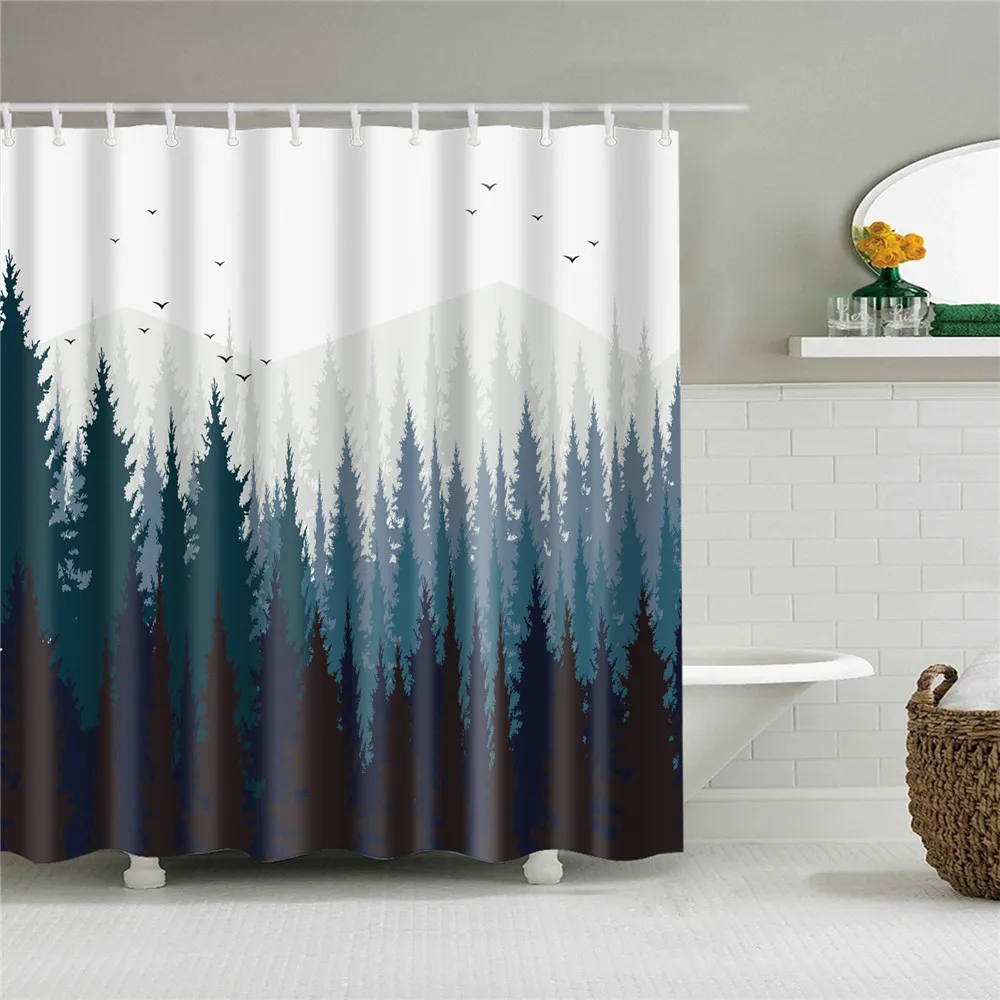 

Ink Pine Forest Shower Curtain Cloth Fabric Plant Landscape Art Home Bathroom Decor Set Polyester Bathroom Curtain With Hooks