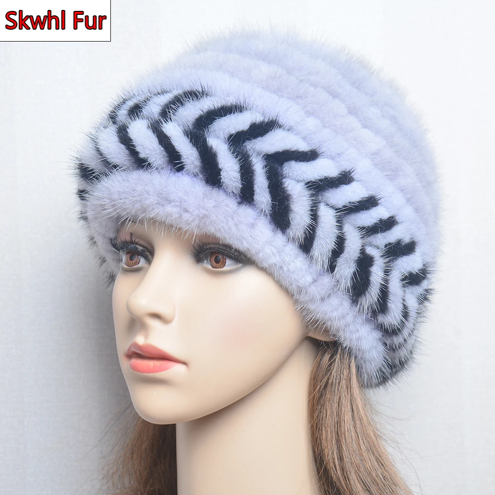 

Hot Sale Style Real Natural Mink Fur Hat For Middle-aged Group Noble Women's Winter Knitted Mink Fur Pineapple Shape Fur Cap Hat