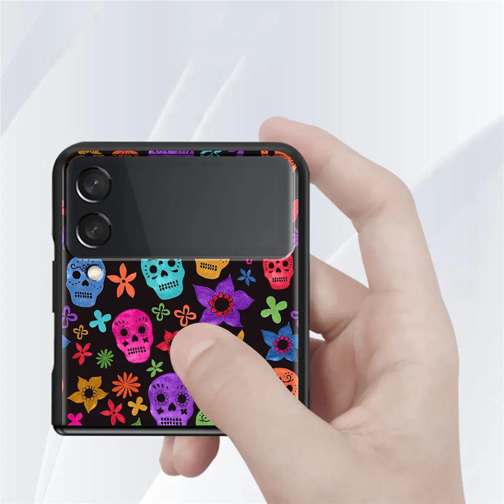 For Samsung Galaxy Z Flip 3 5G Case Luxury Matte Black Hard Phone Cover ZFlip 3 Shockproof Fundas Shell Cool Flower Skull Art