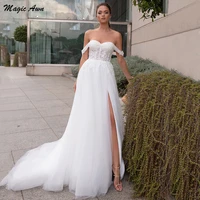 magic awn 2021 off the shoulder wedding dresses boho lace appliques side split illusion beach bridal gowns lace up back mariage