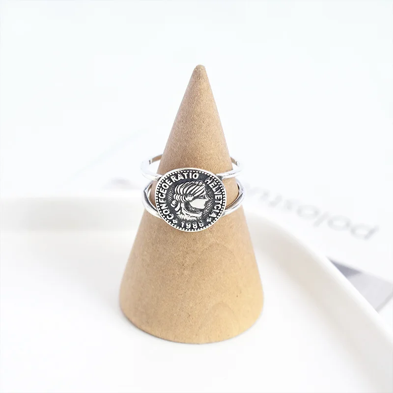 Fengxiaoling 100% Genuine 925 Sterling Silver Retro Style Portrait Coin Rings For Women Fine Jewelry Cute Accessories | Украшения и