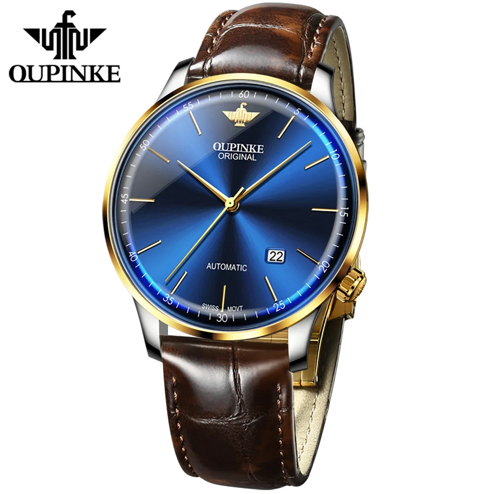 

OUPINKE New Luxury Men's Watches Luminous Sapphire Leather Strap 50M Waterproof Ultra Thin Automatic Mechanical Men's Watch