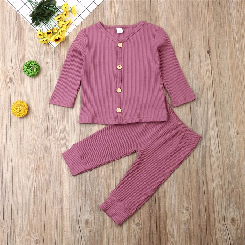 

CANIS Infant unisex Baby's clothing sets Girls Boy kids button Long Sleeve solid Tops +long Pants Cotton Clothes Outfits Clothes