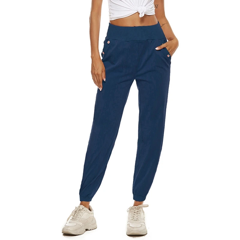 

Muyogrt Casual Harem Pants Solid Color Cotton Linen Straight Trousers Summer Elastic Waist Plus Size Loose Comfortable Trousers