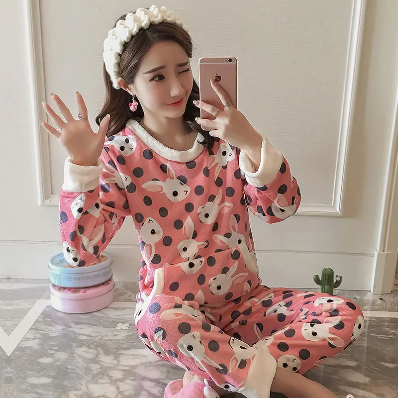 Зимняя теплая Фланелевая пижама Женский пижамный комплект с мультяшным принтом