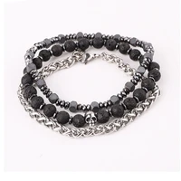 jaravvi natural stone stainless steel skull charm lava elastic beads chain bracelet set men jewelry gift