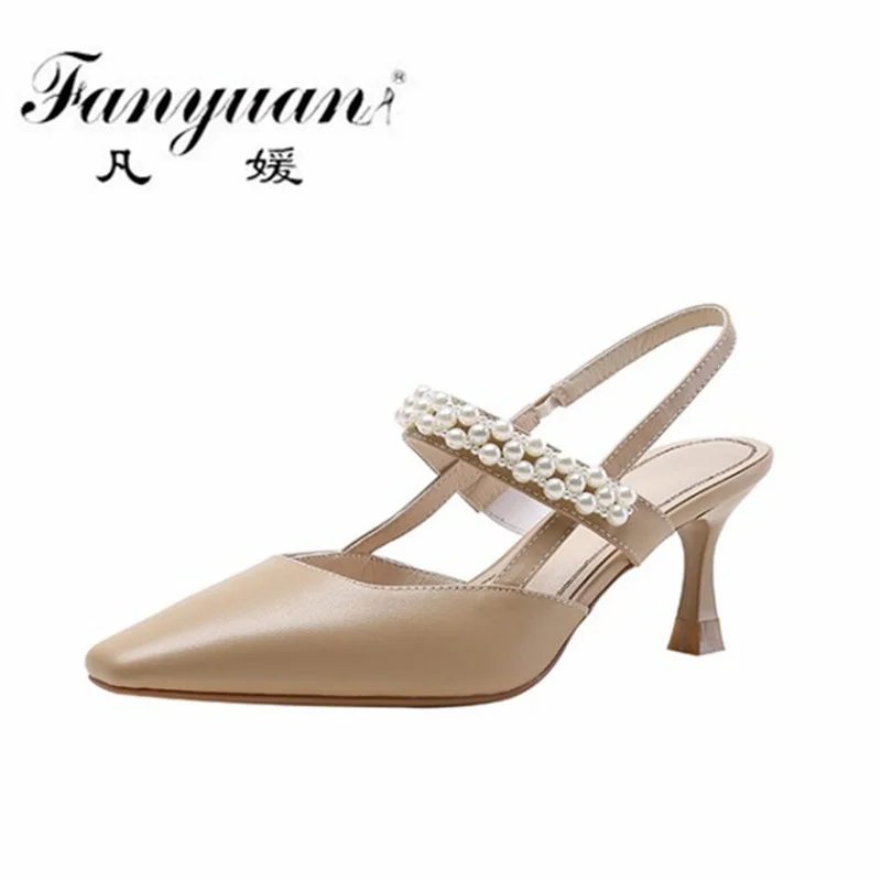 

Женские босоножки Fanyuan в лаконичном дизайне, лето 2021, украшение из жемчуга, женская модная офисная обувь с пряжкой, женская обувь
