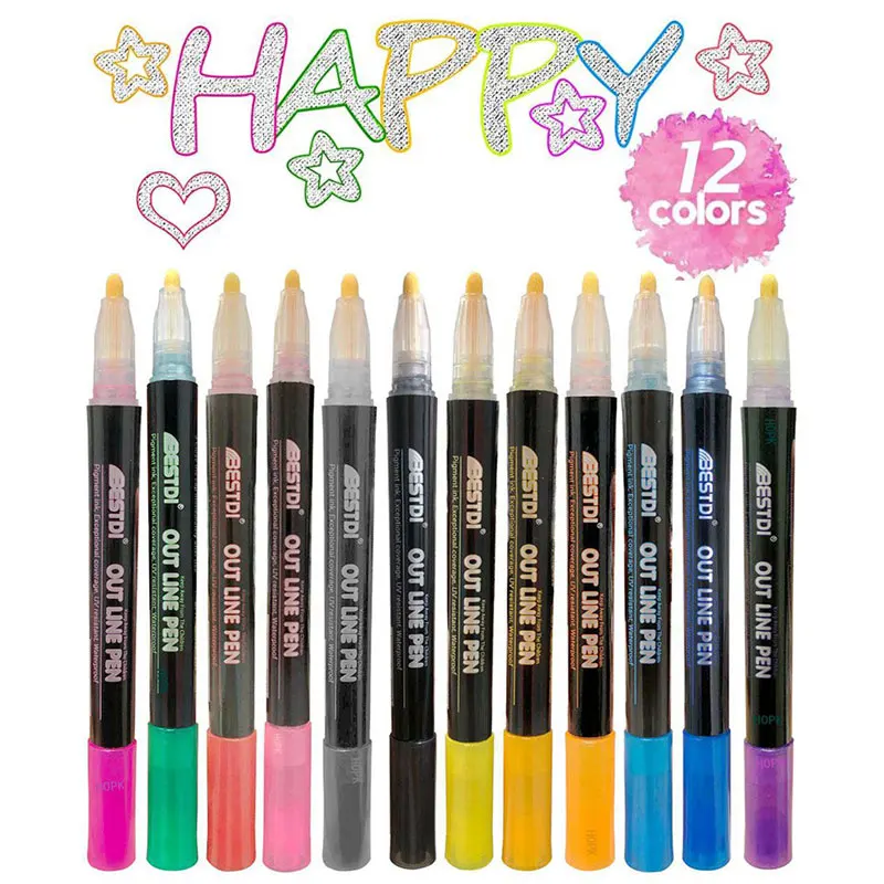 

12 Color Metal Paint Marker Pen Set Double Line Pen Marker For Diy Drawing Painting Doodling School Supplies Children Art Tools