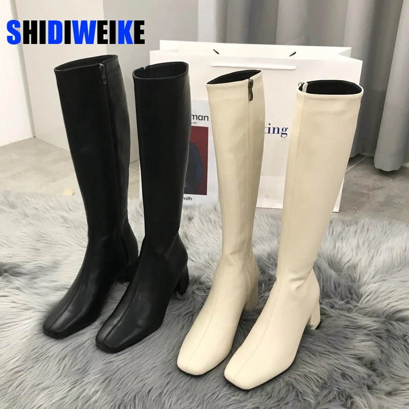 

Women Long Boots Woman Knee High Booties Ladies Shoes Platform Square Heel PU Leather Soft Zipper Woman Fashion Autumn 2021