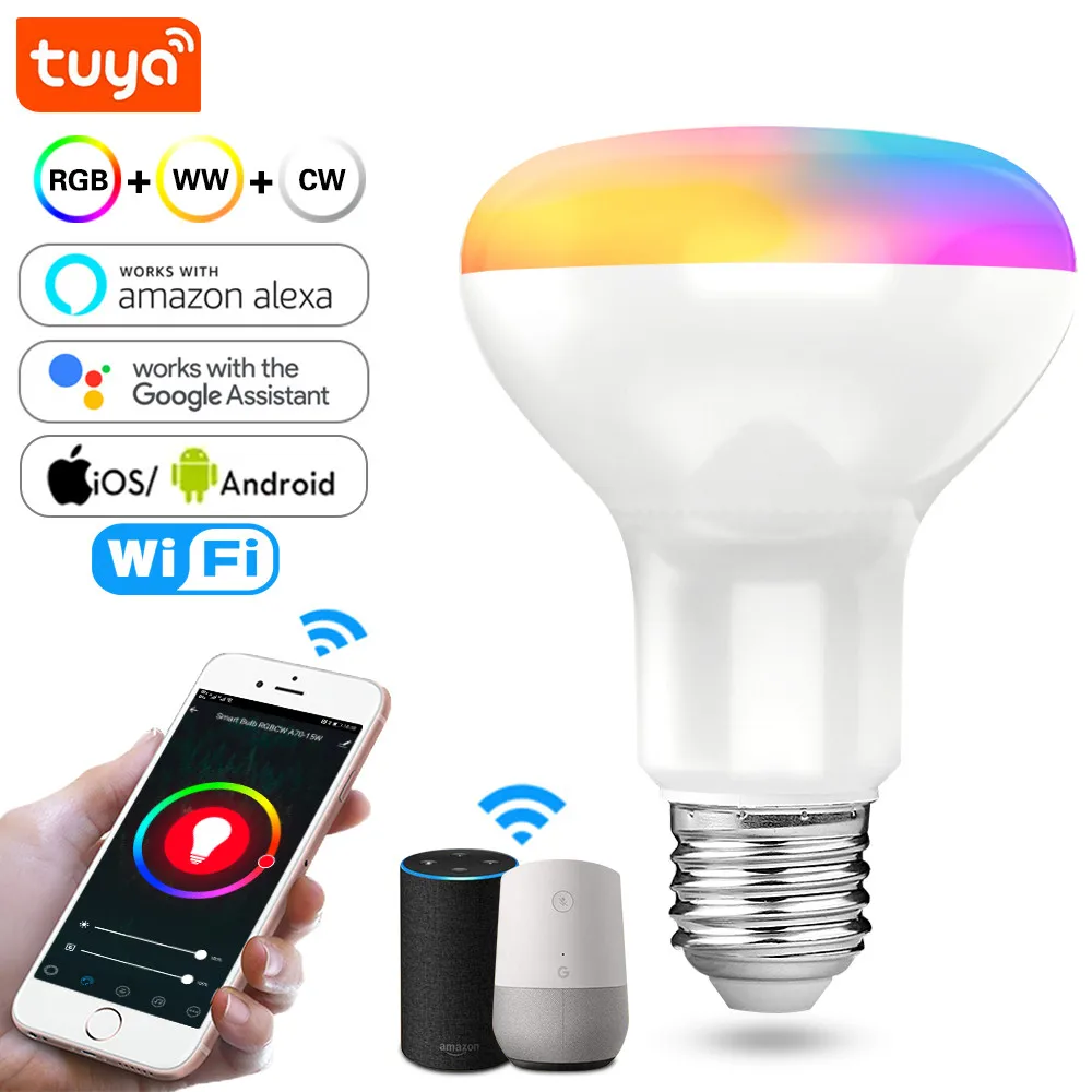 Tuya Smart LED лампы E27 15W WiFi светильник с регулируемой яркостью RGB + теплый белый