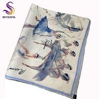 bysifa new elegant blue white silk scarf summer fashion ballet girl pattern pure silk square scarves head accessories 7070cm