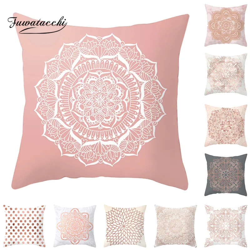 Fuwatacchi Rose Gold Geometric Cushion Cover Flower Decorative Pillows Cover for Home Sofa Bed Polyester Throw Pillowcases 45*45