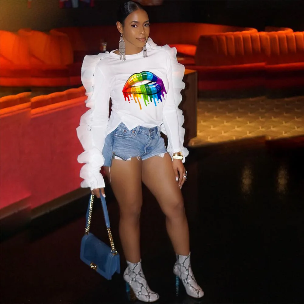 Цветная Сексуальная женская футболка с принтом губ, осенняя белая футболка с длинным рукавом, женская одежда с рюшами, женская рубашка 5107
