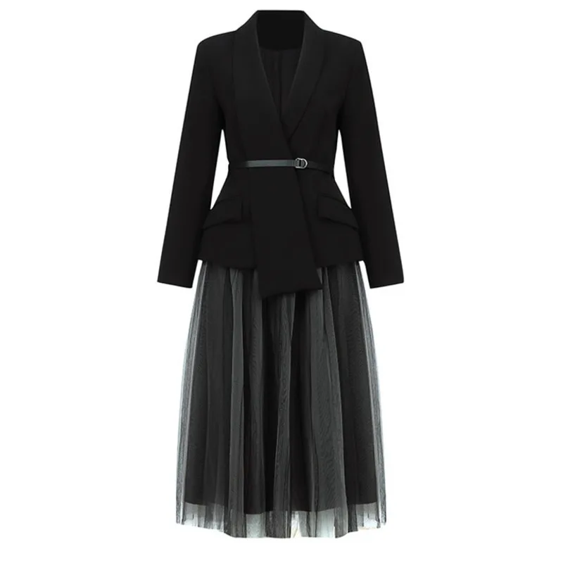 

[DEAT] Dress Two Pieces Suit New Turn-down Collar Long Sleeve Loose Women Black Lace Gauze Fashion Tide Summer 2021 7E0046