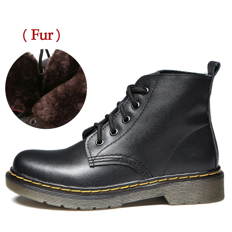 black fur Женские ботинки из натуральной кожи; большие размеры 44; зимние ботинки; ботильоны на меху; botas Mujer; ботинки на плоской платформе в стиле панк; Осенняя женская кожаная обувь - Цвет: black fur
