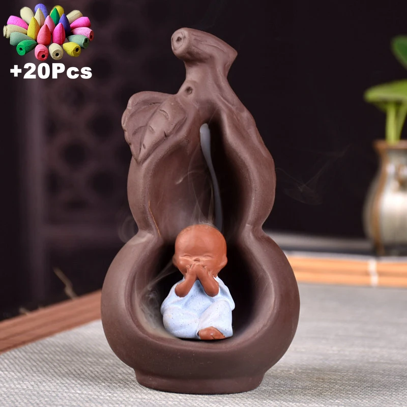 F1026 and 20Incense Фиолетовый Глиняный Чайник благовония церемония медитация тихий космический Декор алтарь благовония горелка с Буддой лотоса водопад благовония курильница - Цвет: F1026 and 20Incense