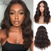 nnzes 16inches long water wave dark brown synthetic wigs for women blonde black pink cosplay middle part natural looking hair