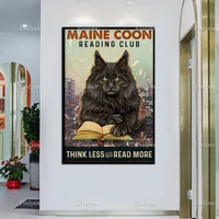 book lovers retro poster maine coon cat lovers gifts reading club think less read more wall art prints home decor canvas