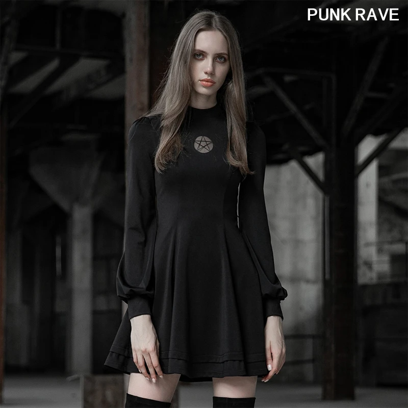 Готическое повседневное эластичное трикотажное тонкое платье с поясом