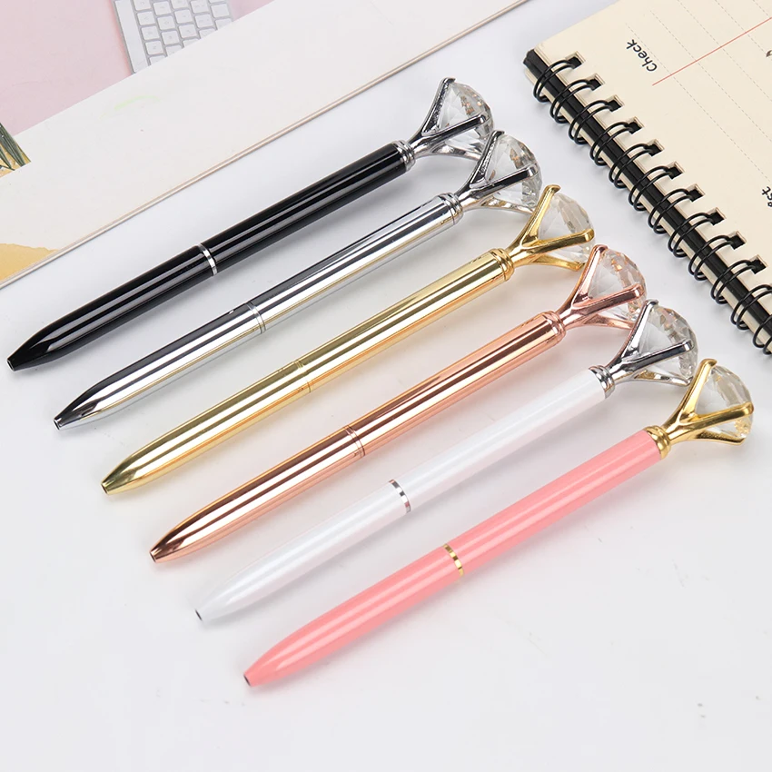 

1PC Metal Ballpoint Pen Diamond Ring Crystal Pen Lady Wedding Office School Supplies Gift Roller Ball Pen Rose Gold