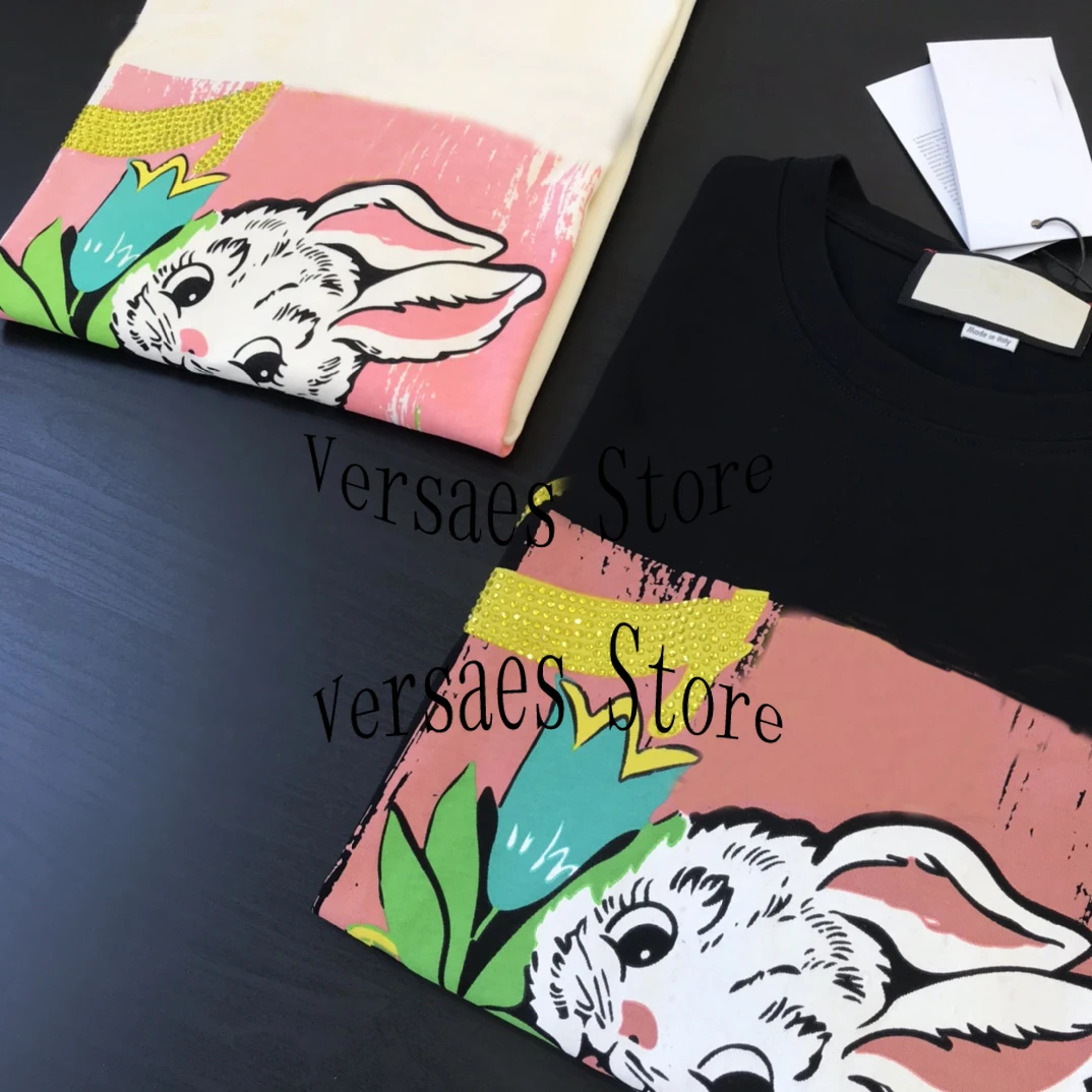 

2021 luxury high quality diamond rabbit print fashion women's top versatile loose round neck short sleeve casual graphic T-shirt