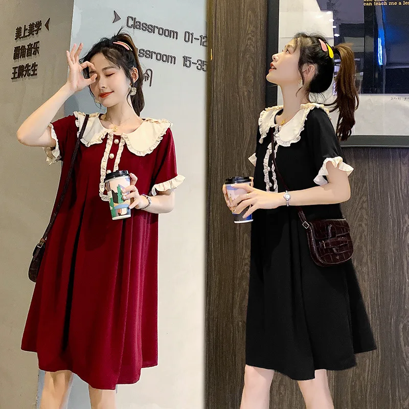 

Fashion Korean Summer Maternity Peter Pan Collar Dresses 2021 New Pregnant Women Loose Clothes Pregnancy Sweet Dress