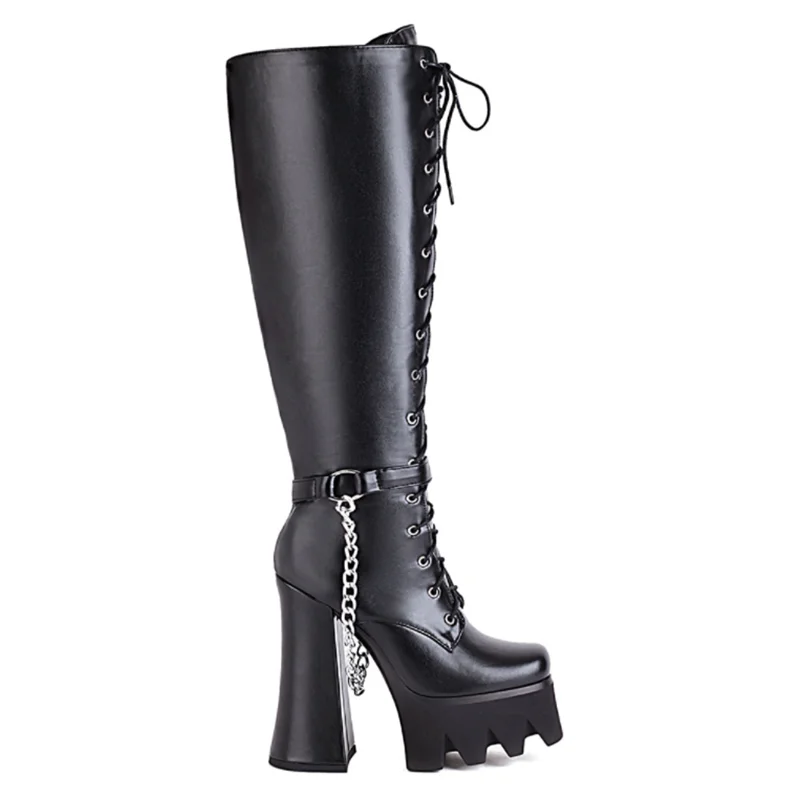 

High-quality women's boots, women's lace-up zipper, knee-high boots, chain high-heel platform women's shoes, high-end women's st
