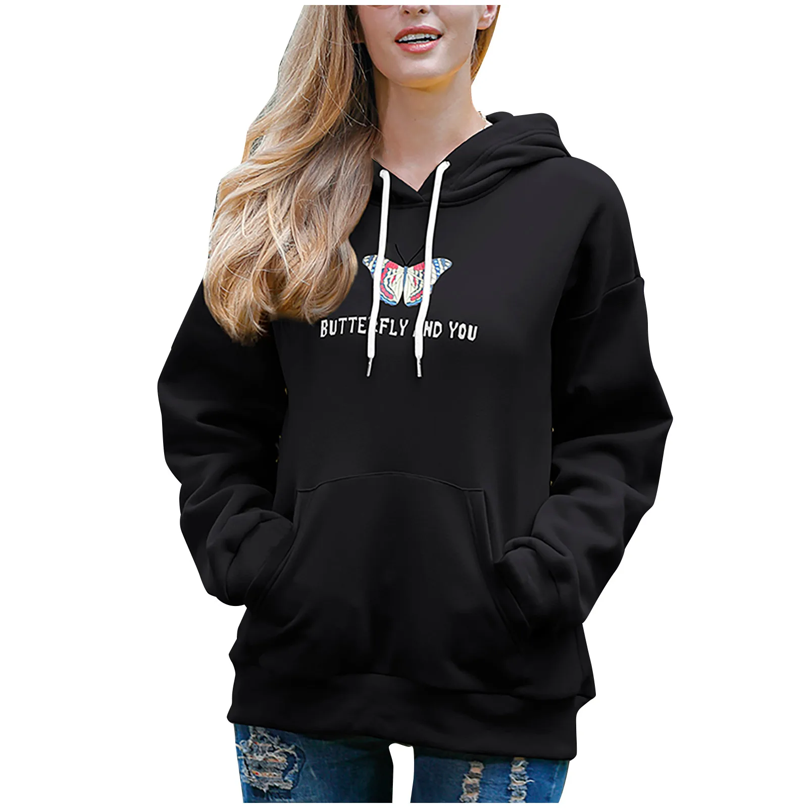

Hgih Quality Sweatshirts For Women Loose Casual O-neck Long Sleeve Pacthwork Pocket Hooded Top Winter Autumn Pullovers