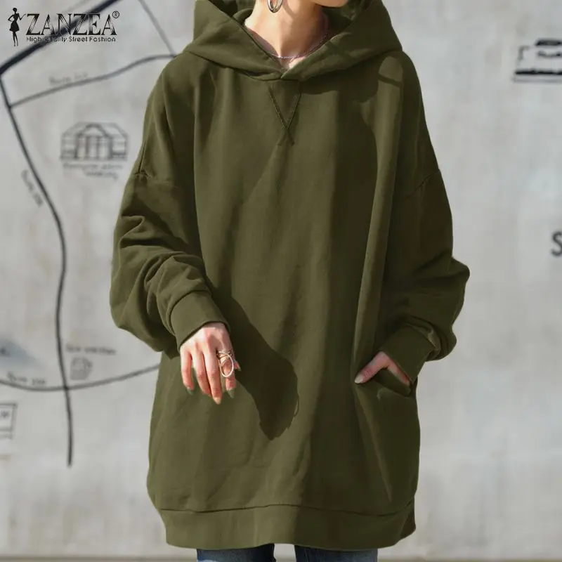 

ZANZEA Elegant Solid Hoodies Women Fashion Hooded Sweatshirts Casual Long Sleeve Pullovers Female Autumn Outwear Tunic Oversized