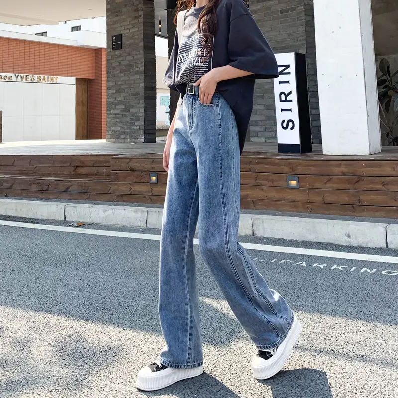 

Light color high waist jeans women's 2021 summer new loose and versatile show thin straight tube wide leg drop feeling floor
