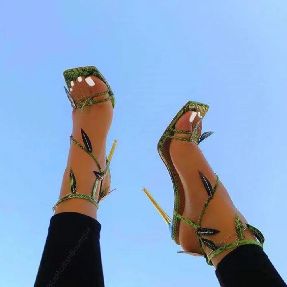 

Sorphio Ins Brand Female Party Fashion Women Shoes Stiletto Heel Square Toe Ankle Strap Leaf Sandals Women Open Toe Sandals