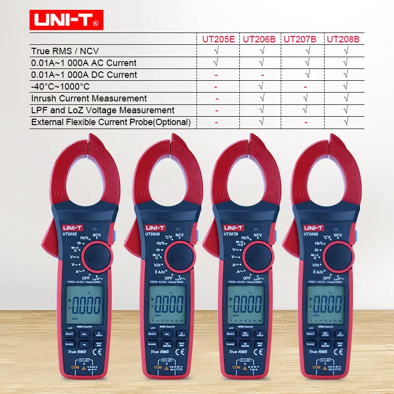 UNI-T UT206B / UT207B / UT208B 1000A True RMS Digital Clamp Meter; Intelligent Electrician Digital Display Universal Meter