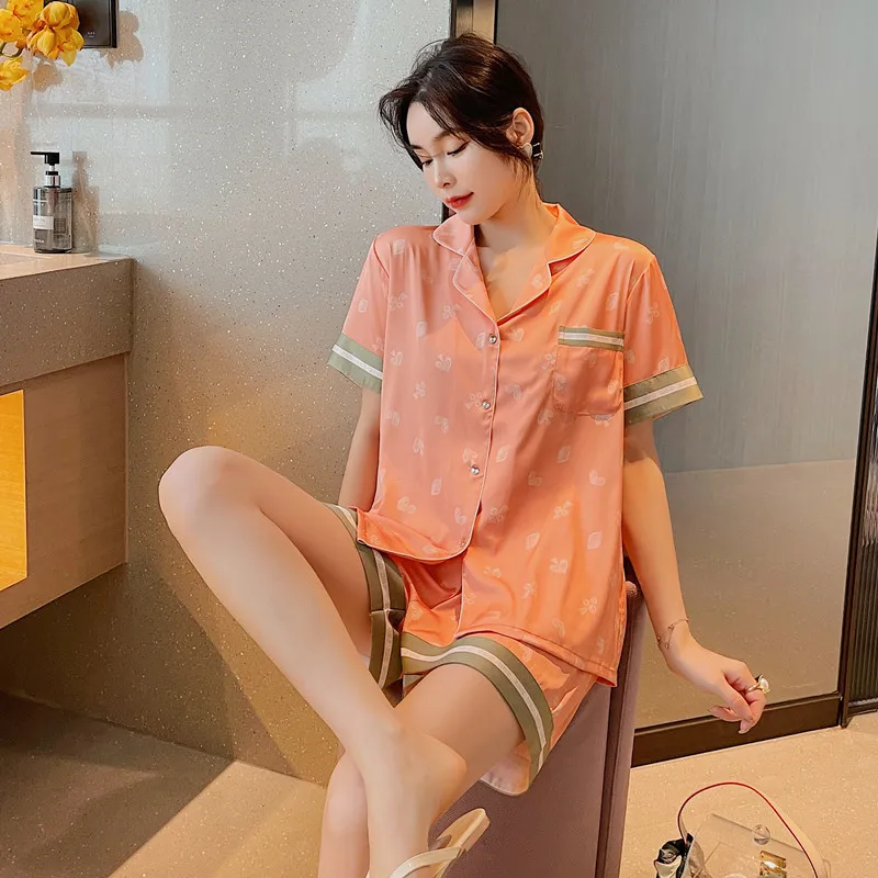 

Winter silk pajamas 2021 summer new short sleeve printed women pajamas