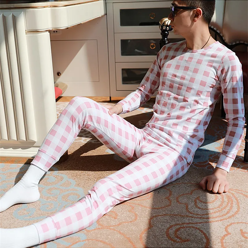 New WJ men's  long johns set cotton male legging autumn and winter thermal underwear plaid Long Johns fashion