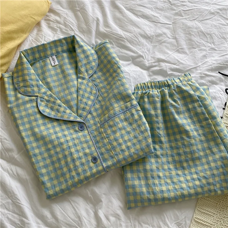 2021 Summer New Korean Lovely Plaid Pajamas Women's Short Sleeve Trousers Nightwear Suit Home Wear Sleep Wear Turn-down Collar