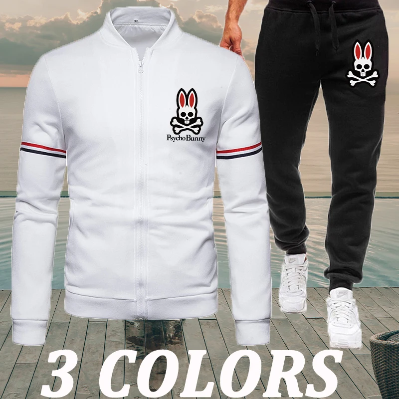 

Autumn Winter Fashion Zipper Stripe Baseball Men's Tracksuit Leisure Stand Collar Long Sleeve Bunny Logo Printing Men's Clothing