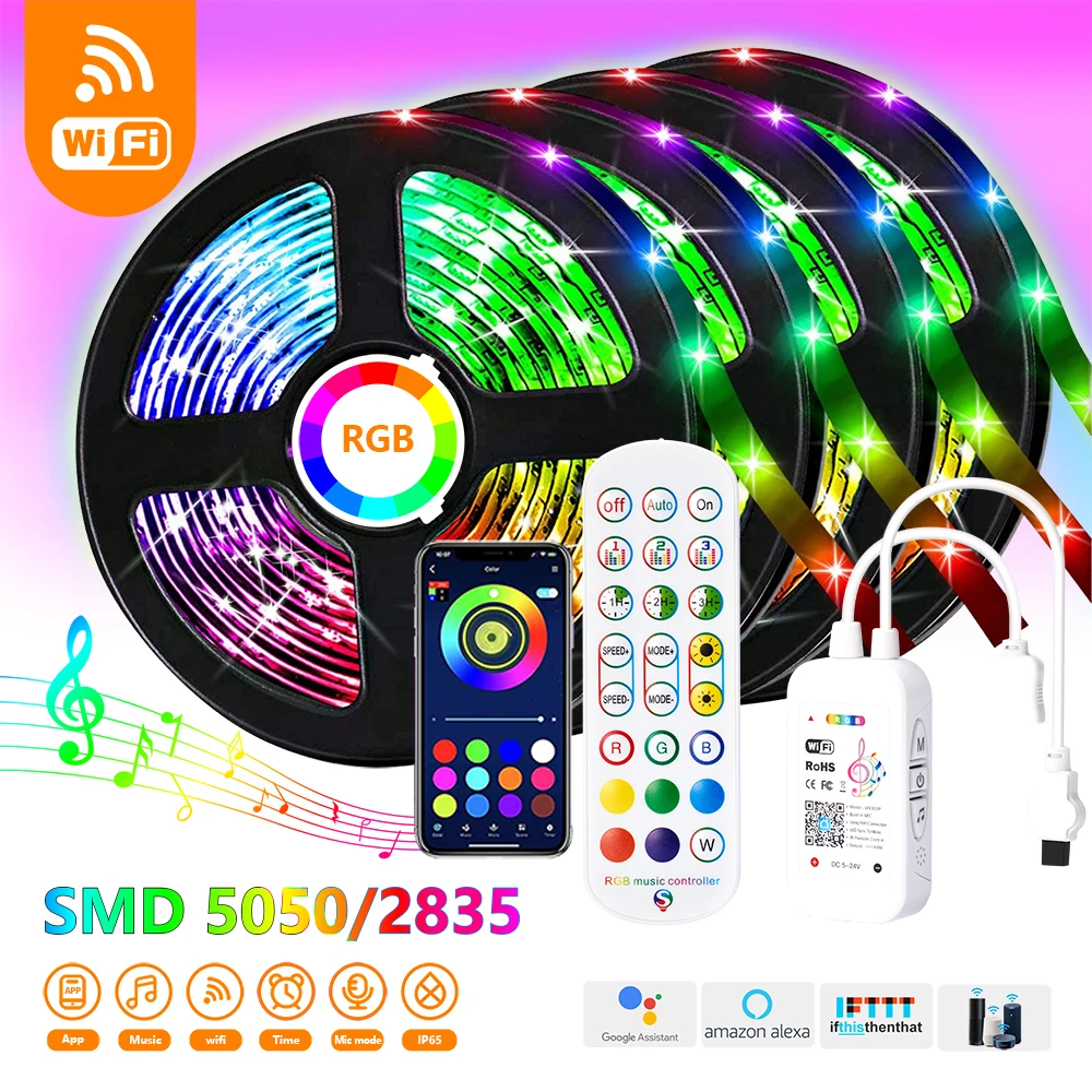 

30M 20M 10M WIFI RGB SMD 5050 LED Strip Light Music Sync RGB 2835 LED Lights Leds Tape Diode Ribbon Flexible Wateproof Adapter