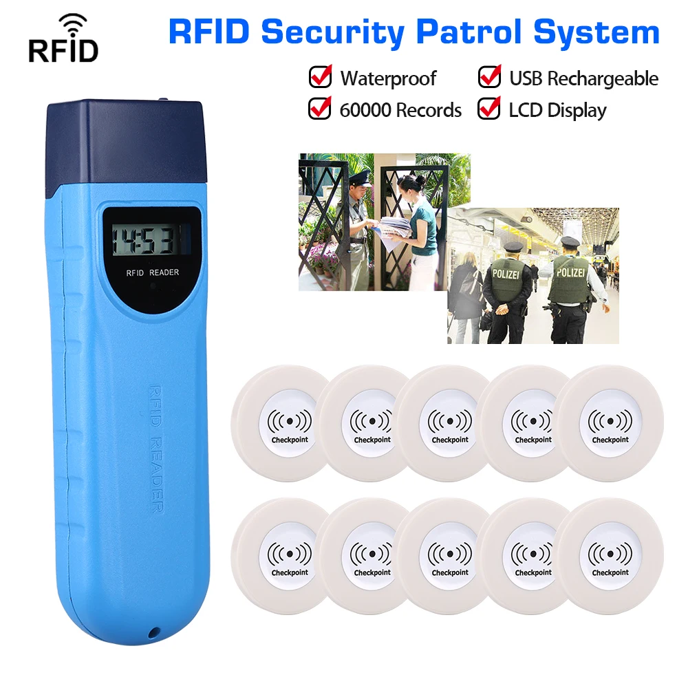 LCD Display Waterproof Anti-broken Guard Patrol Wand RFID Security Patrolling+ 10pcs RFID Checkpoint