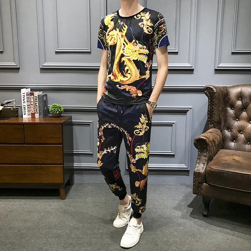 

2020 Spring High Quality Tracksuit Top And Pants Men Dragon Print Short Sleeve T Shirt 2 Piece Set Men Slim Fit Outfits Men Set