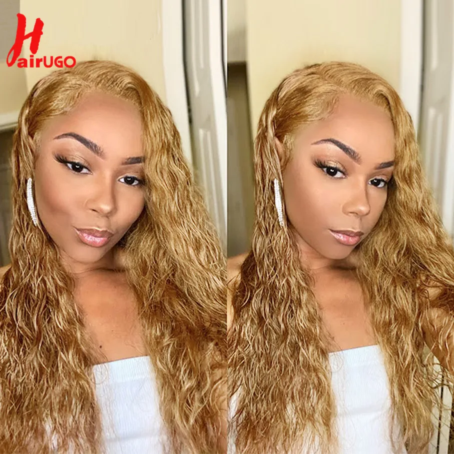 

HairUGo Wate Wave 27# Honey Brown Lace Closure Human Hair Wigs With Baby Hair Remy Preplucked Curly Colored Wigs For Women 180%