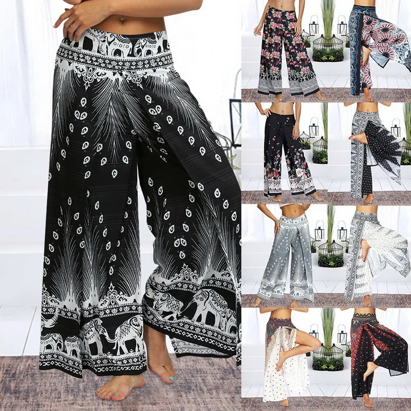 

2021 Fashion Womens Palazzo Slit Wide Leg Pants Summer Casual Beach Boho Pilate Print Plus Size High Waist Sports Pants Dropship